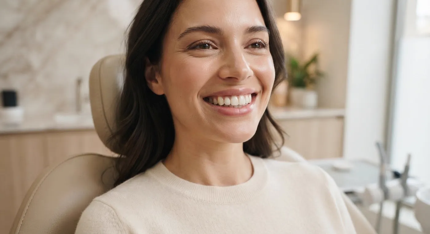 Paciente sonriendo con una sonrisa natural y confiada en el consultorio del Dr. Tenorio